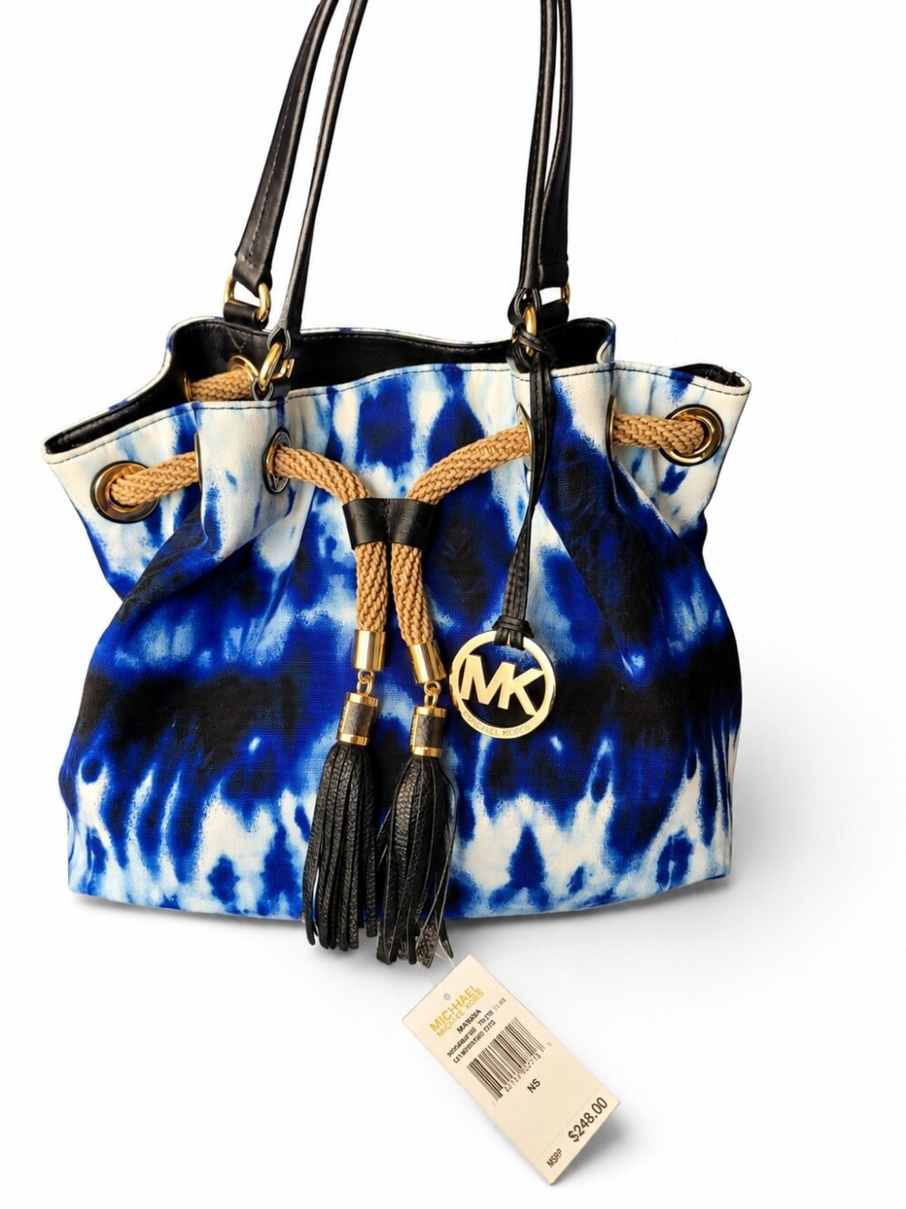MICHAEL Michael Kors Blue White Tie-Dye Drawstring Tote with Black Accents